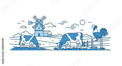 Scenic farm landscape illustration in blue line art depicting grazing cows a traditional windmill and a rooster crowing on a wooden fence.