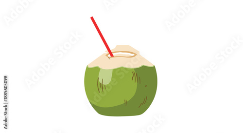 Fresh green young coconut with a red straw inserted into the top ready for a refreshing tropical drink against a clean white background for summer.