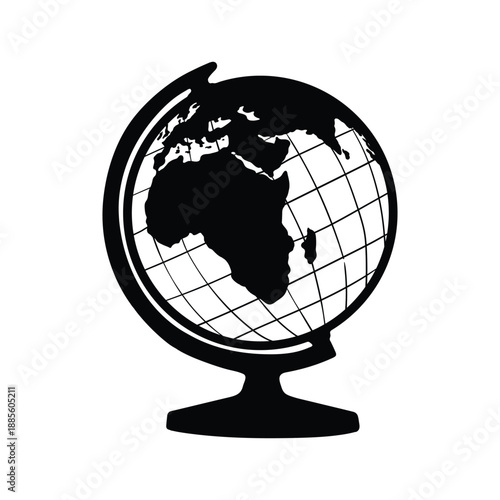 Black and white illustration of a globe on a stand