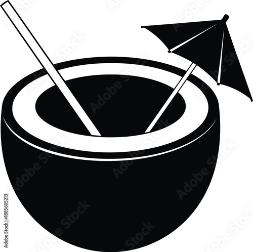 Coconut Drink Vector Silhouette with Straw and Umbrella for Tropical Summer Design