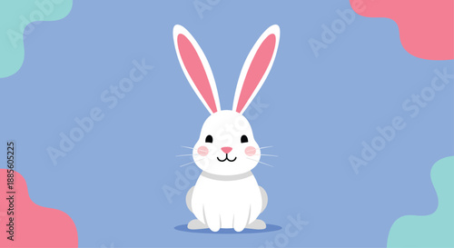 Sweet white cartoon rabbit with long pink ears and a happy face, sitting on a blue background with pastel shapes for a cute Easter design.