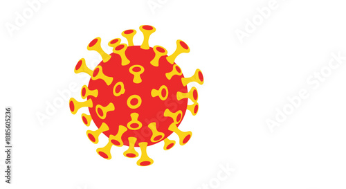 Detailed illustration of a red coronavirus or virus cell with yellow surface proteins, representing global health issues and medical science.