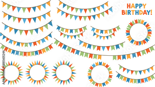 Birthday celebration pennant banner vector illustration with colorful flags, wreath decorations, festive design, and happy birthday text