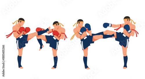 Four muay thai kickboxers demonstrating various offensive and defensive striking techniques with kicks and punches.
