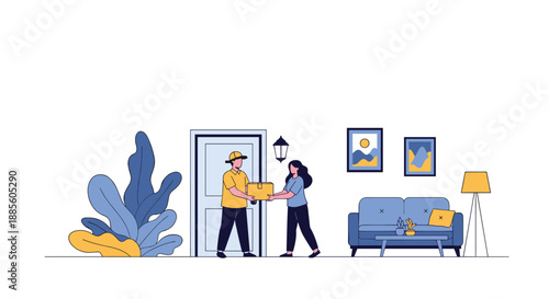 Delivery man in yellow uniform delivering a cardboard package to a woman at her home door in a flat vector style.