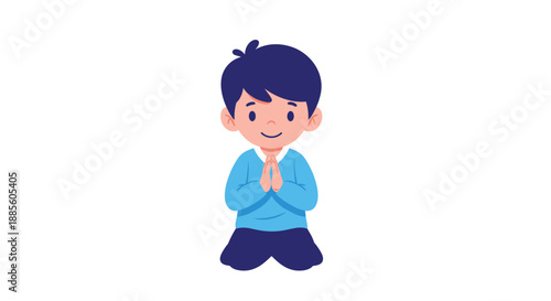 Young boy in a blue sweater kneeling and holding his hands together in a prayer or respectful greeting pose.