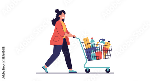 Happy woman in an orange jacket pushing a shopping cart filled with groceries and household goods on white.