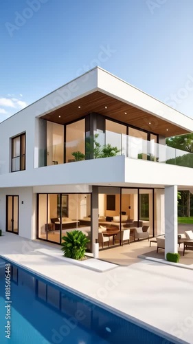 Modern architecture featuring a white two-story home with a swimming pool in a luxurious design, perfect for real estate showcasing elegant living.