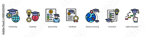 Academic Recognition web banner icon vector illustration featuring Scholarship, Creativity, Sponsorship, Certificate, Distance Learning, Innovative, and Higher Education.
