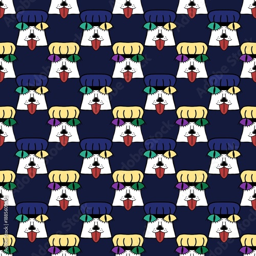 Seamless pattern of quirky dog faces with colorful berets and heterochromia eyes