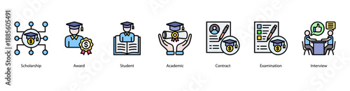 Academic Excellence web banner icon vector illustration featuring Scholarship, Award, Student, Academic, Contract, Examination, and Interview.