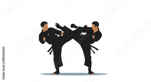 Dynamic silhouettes of two martial artists in black uniforms performing high kicks in a karate or taekwondo match.