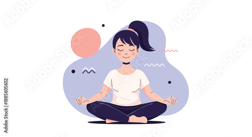 Peaceful young woman sitting in a lotus position meditating with her eyes closed against a soft purple background.