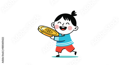 Happy young girl with a top knot hairstyle running while carrying a giant gold coin in this playful illustration.