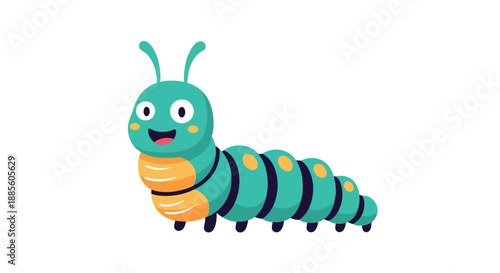 Cute teal and orange cartoon caterpillar with a happy face and many legs crawling slowly in a friendly illustration.