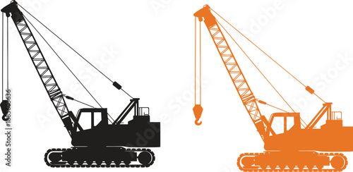 Crawler Crane Silhouette Icon Set in Black and Orange Color Isolated on White Background for Construction, Heavy Machinery and Industrial Engineering Concept