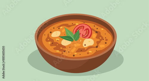 Warm bowl of orange vegetable soup garnished with a tomato slice and fresh green leaves in a rustic wooden bowl.
