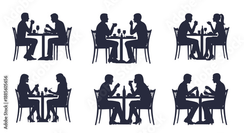 Collection of six black silhouettes showing different couples sitting at tables while dining and talking in a restaurant.
