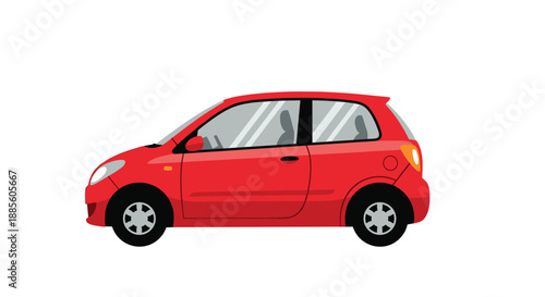 Side profile of a compact red hatchback car with grey windows and black wheels shown on a clean white background.