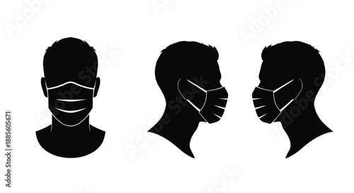 Three black silhouettes of a mans head from the front and sides wearing a white face mask for health protection.