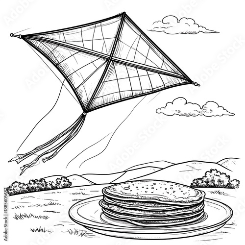 Line art of kite flying above a plate of pancakes on grass, with landscape and clouds