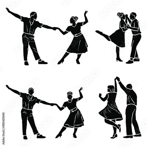 Silhouettes of couples dancing various styles of dance