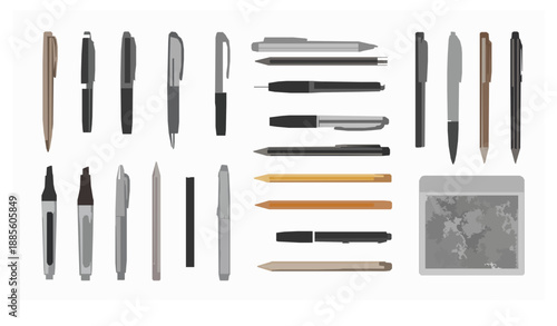 Pens pencils and markers vector illustration set isolated on white background
