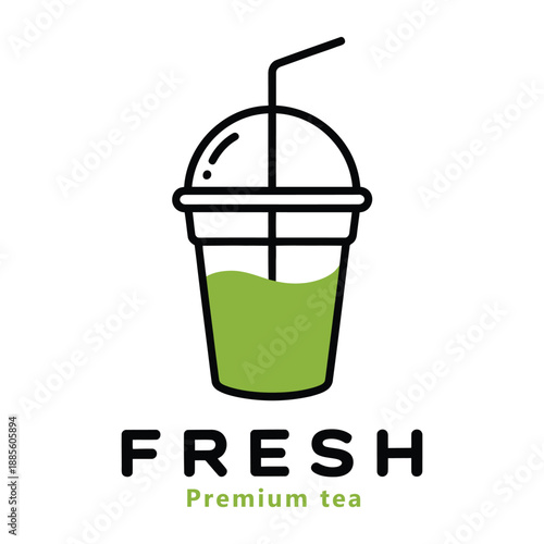 Fresh premium tea drink logo with green liquid and straw icon