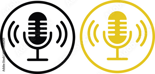 Podcast Microphone Broadcast Icon Set in Black and Yellow Color Isolated on White Background for Audio Recording, Radio and Streaming Concept