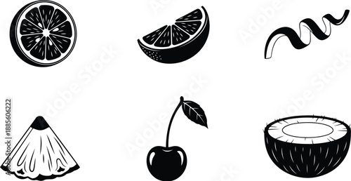 Fruit vector silhouette set with citrus, cherry, coconut, and zest illustrations