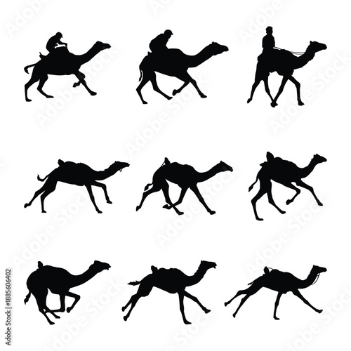 Dynamic Camel and Rider Silhouettes in Various Poses Set