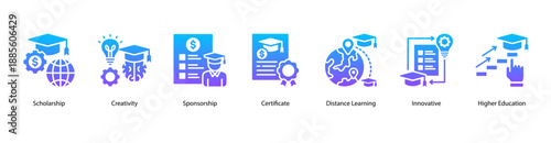 Academic Recognition web banner icon vector illustration featuring Scholarship, Creativity, Sponsorship, Certificate, Distance Learning, Innovative, and Higher Education.