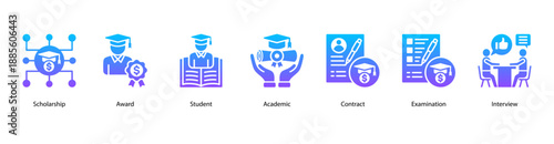 Academic Excellence web banner icon vector illustration featuring Scholarship, Award, Student, Academic, Contract, Examination, and Interview.