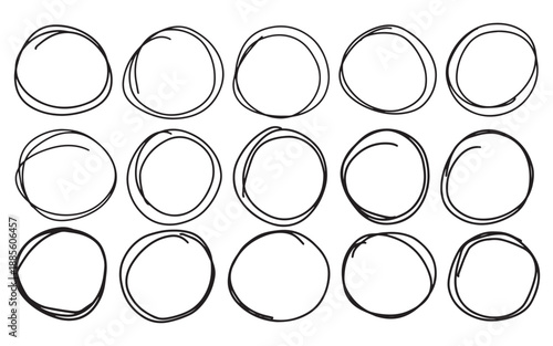 Set of hand drawn black circles line and ovals sketch highlights. Vector circular scribble doodle round for message note mark design element. Highlight circle frames. Pencil or pen ellipses graffiti. 