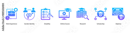 Inclusive Academic Research web banner icon vector illustration featuring Work Experience, Gender Identity, Disability, Online Course, Research, Scholarship, and Diploma.