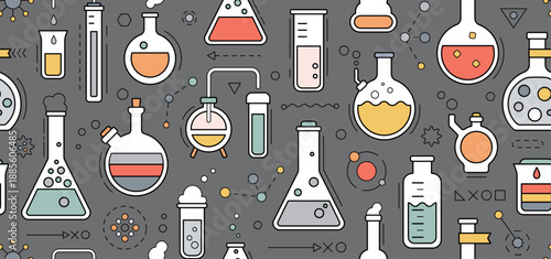 Seamless pattern - school chemistry background, geometric science laboratory background. Medical, chemical or biology lab, school education concept with tubes and flasks, vector illustration
