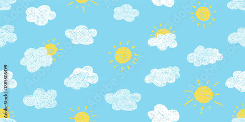Crayon icons of weather, clouds, sun in sky. Seamless pattern with doodle clouds and solar objects in chalk texture. Cute summer weather background drawn with crayon pencils, kid vector illustration