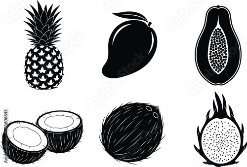 Tropical fruit vector silhouette set with pineapple, mango, coconut, papaya, dragonfruit