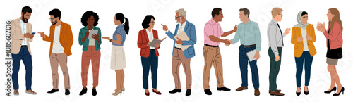 Flat vector illustration of diverse business professionals talking, shaking hands, using phones and tablets, teamwork and workplace communication concepts.