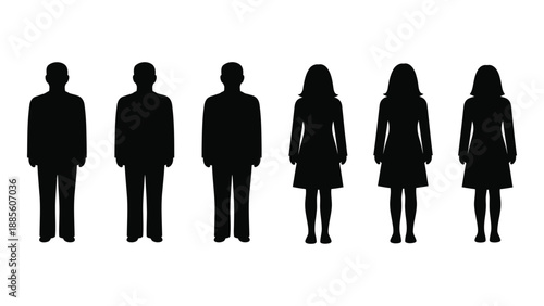 Silhouettes of six people in a row isolated on white background, Vector