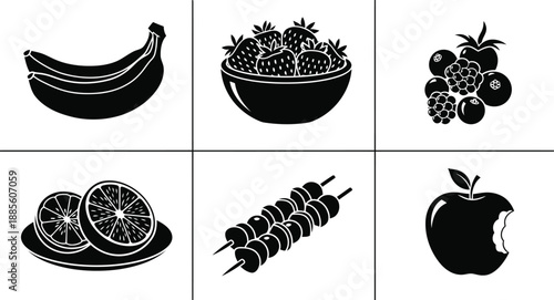 Fruit silhouette vector set with banana, berries, apple, citrus, skewer, black icons