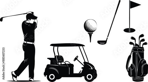 Minimalist golfer silhouettes featuring swing, drive, and putt stances.