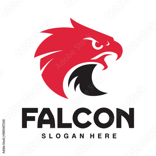 Red falcon head logo with black text on white background icon