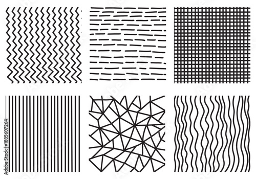 Decorative line patterns set. Vintage ink zigzag stripes marker scratch, abstract tile brush canvas. Organic hand drawn straight and curved lines. Geometric hatching backgrounds lattice, grid texture