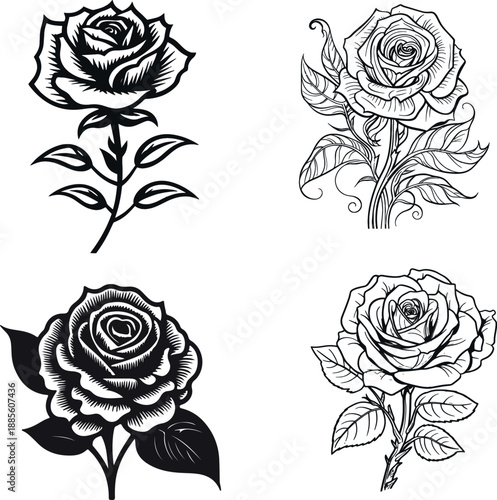 Minimalist Rose Floral Icons and Graphic Vector Design Set