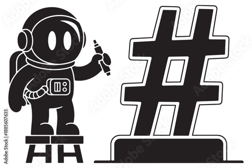 A cartoon astronaut character painting a large black hashtag symbol with a spray can