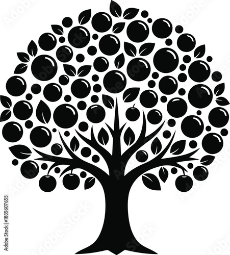 Fruit tree silhouette vector illustration with round apples and leaves isolated