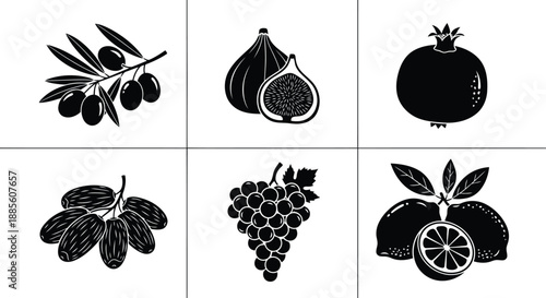 Fruit silhouette vector set with olive, fig, pomegranate, grape, date, citrus icons