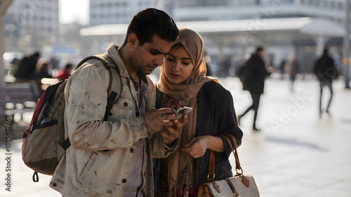 Migrant man and woman looking at cell phone, young couple using smartphone for social media or navigation in modern urban environment