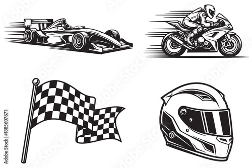 A black and white illustration of racing vehicles and accessories including a checkered flag